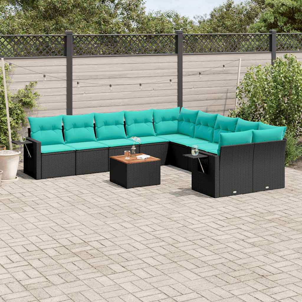 11-teiliges Gartensofa-Set mit Kissen, schwarzes Polyrattan