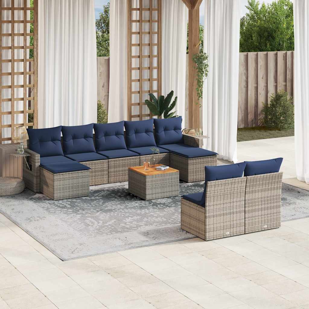 10-teiliges Gartensofa-Set mit Kissen, grau, Polyrattan