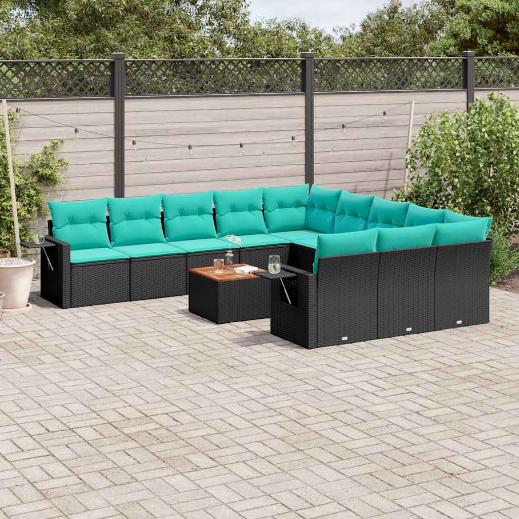 12-teiliges Gartensofa-Set mit Kissen, schwarzes Polyrattan