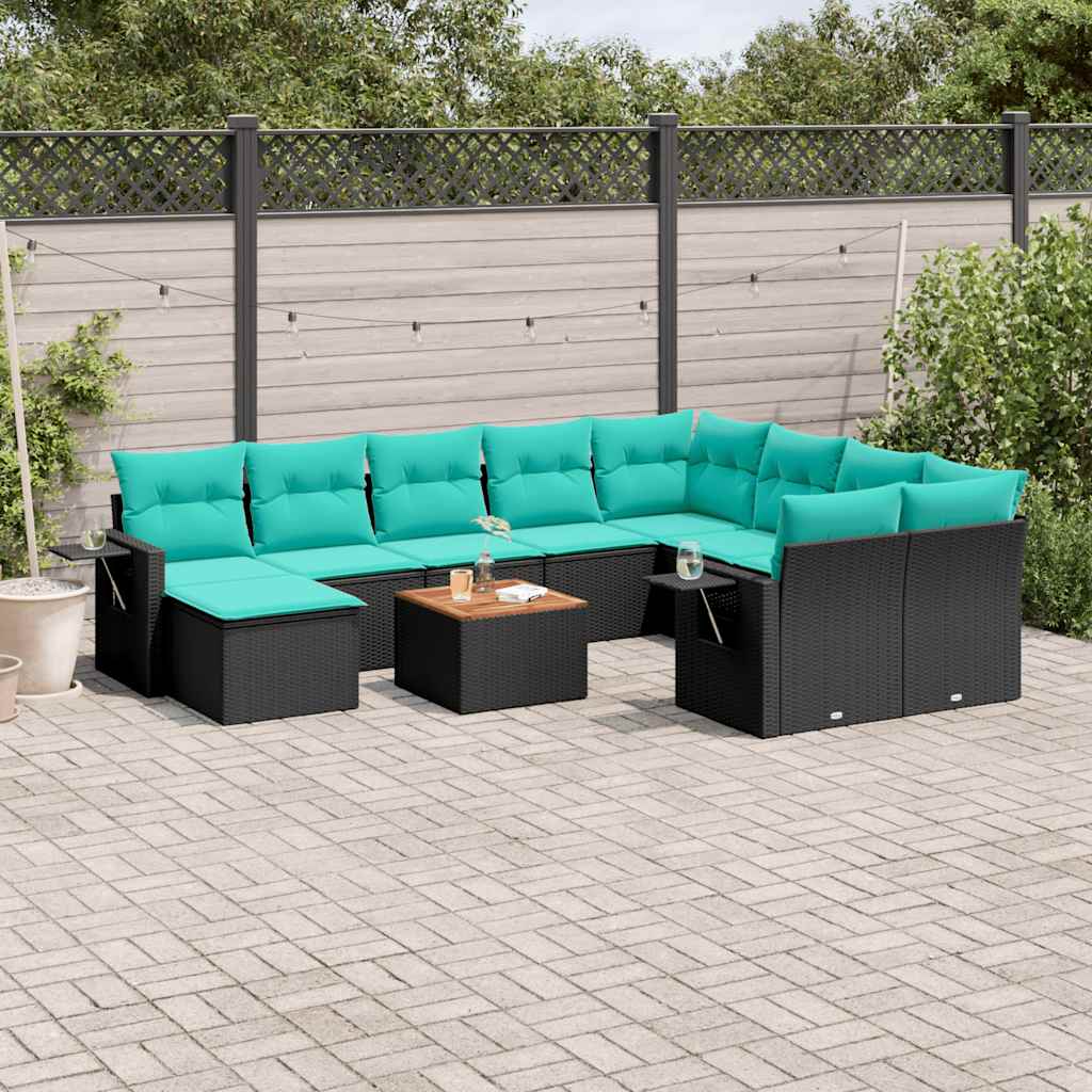 11-teiliges Gartensofa-Set mit Kissen, schwarzes Polyrattan