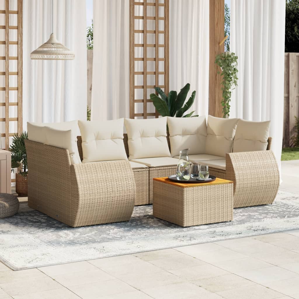 7-tlg. Garten-Sofagarnitur mit Kissen Beige Poly Rattan