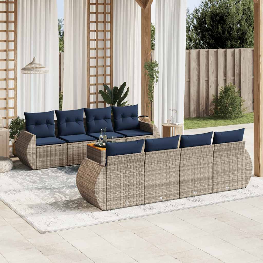 9-teiliges Gartensofa-Set mit Kissen, grau, Polyrattan