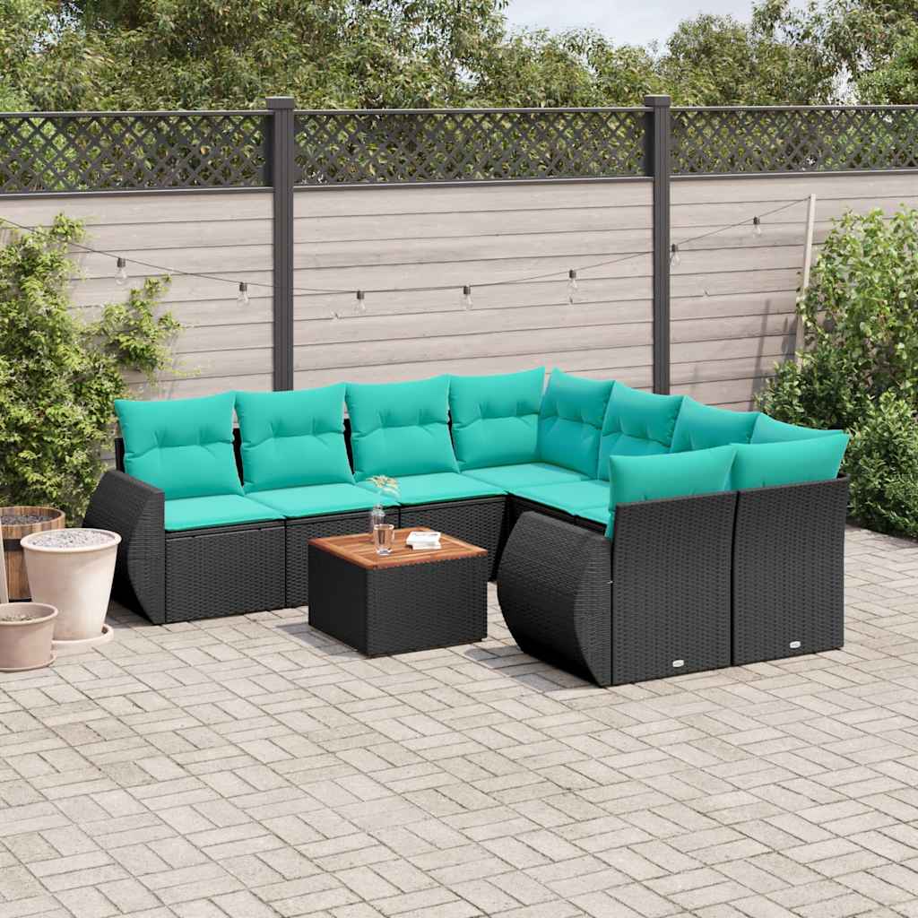 9-teiliges Gartensofa-Set mit Kissen, schwarzes Polyrattan
