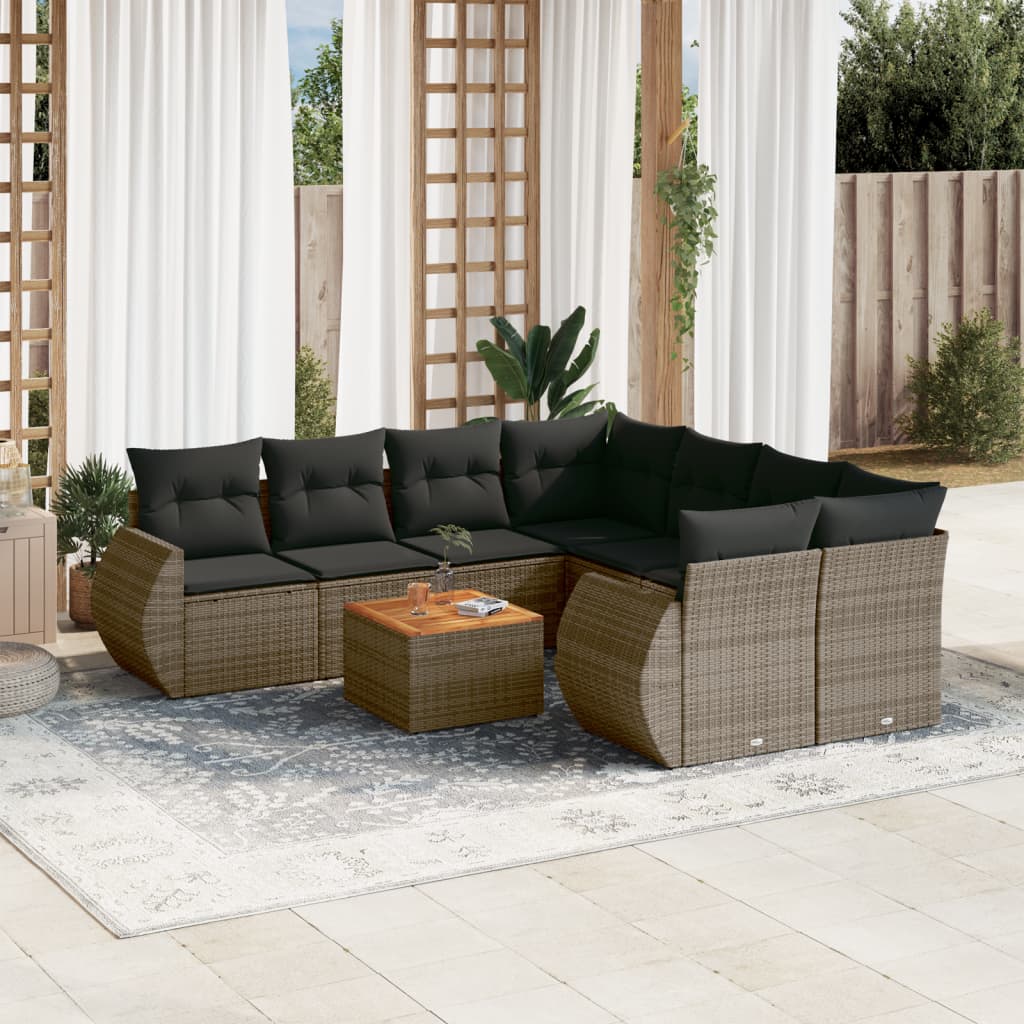 9-tlg. Garten-Sofagarnitur mit Kissen Grau Poly Rattan
