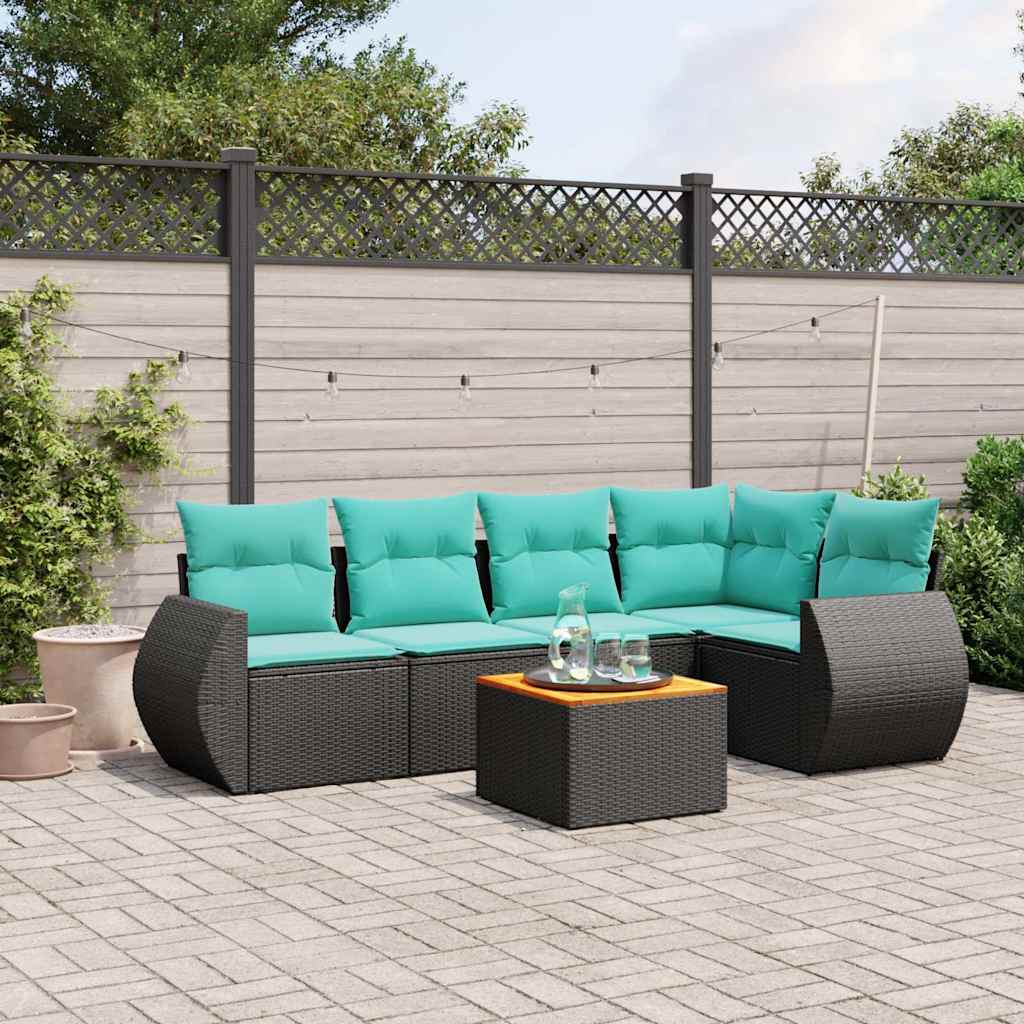6-teiliges Gartensofa-Set mit Kissen, schwarzes Polyrattan