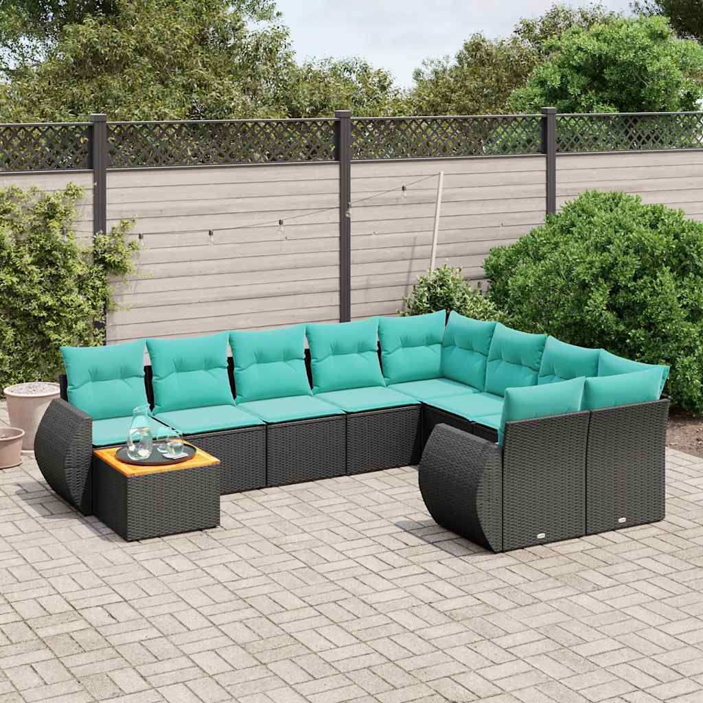 10-teiliges Gartensofa-Set mit Kissen, schwarzes Polyrattan