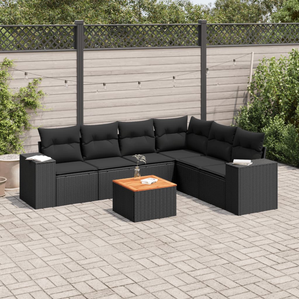 7-tlg. Garten-Sofagarnitur mit Kissen Schwarz Poly Rattan