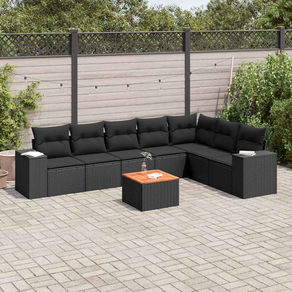 8-tlg. Garten-Sofagarnitur mit Kissen Schwarz Poly Rattan