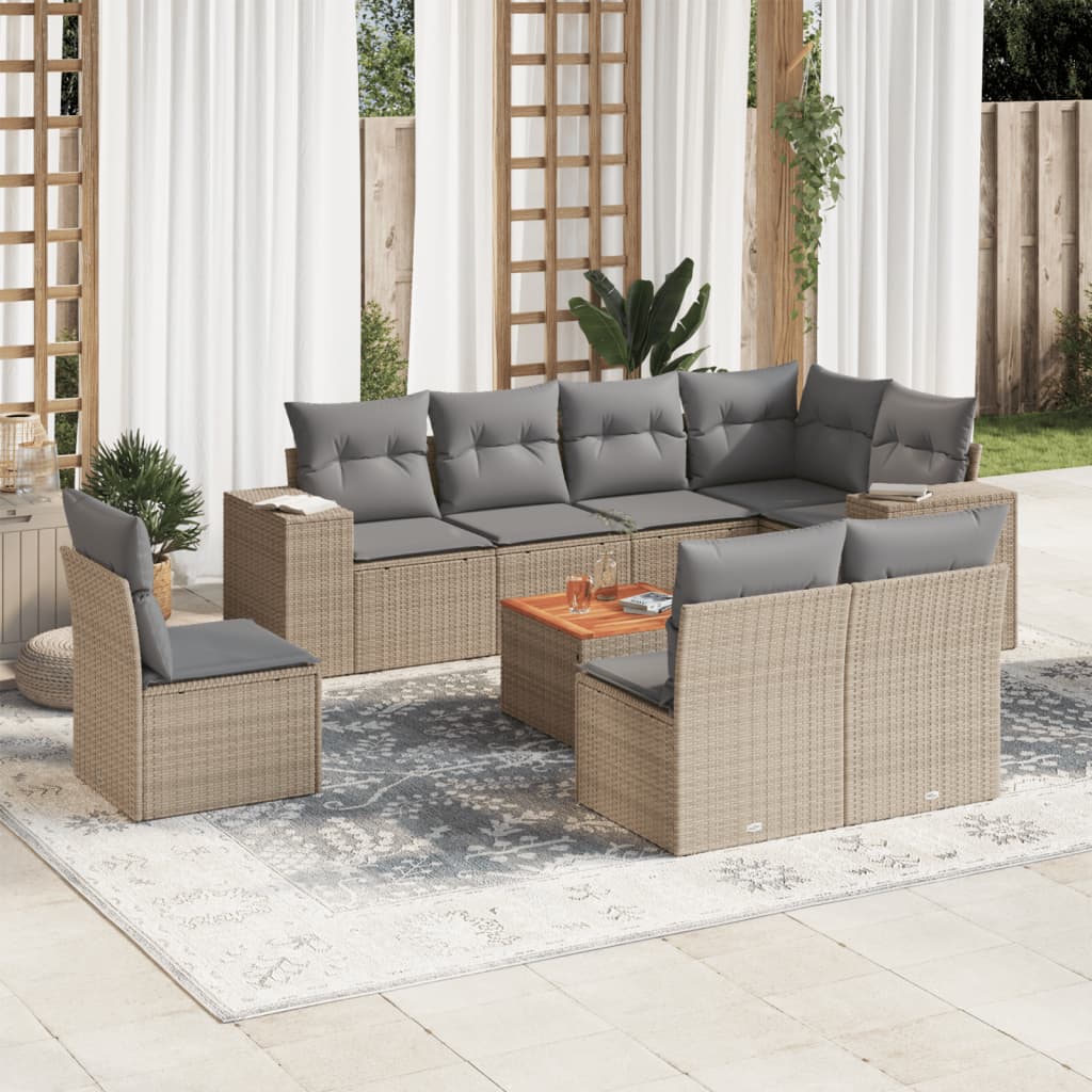 9-tlg. Garten-Sofagarnitur mit Kissen Beige Poly Rattan