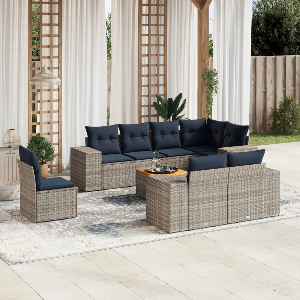 9-teiliges Gartensofa-Set mit Kissen, grau, Polyrattan