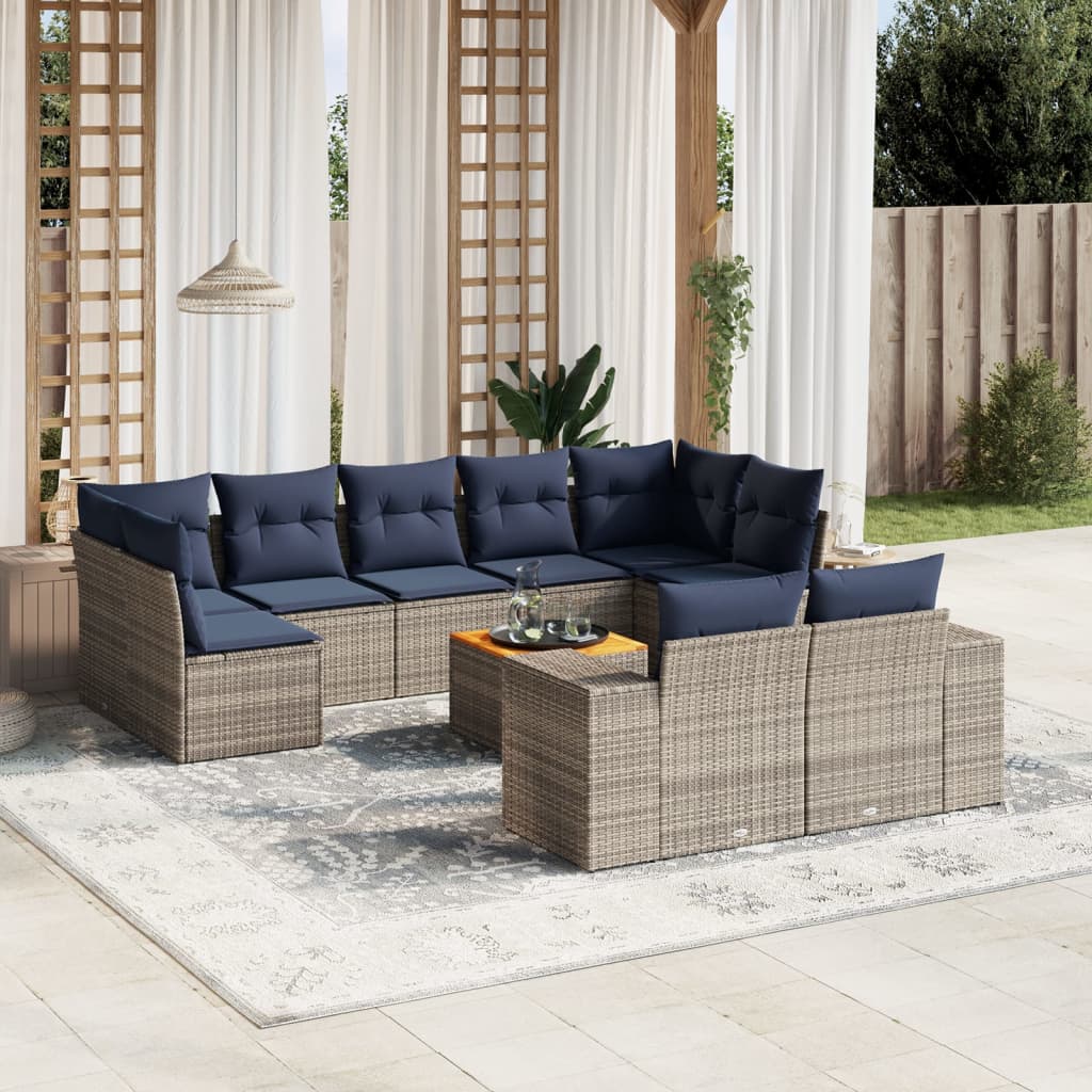 10-teiliges Gartensofa-Set mit Kissen, grau, Polyrattan