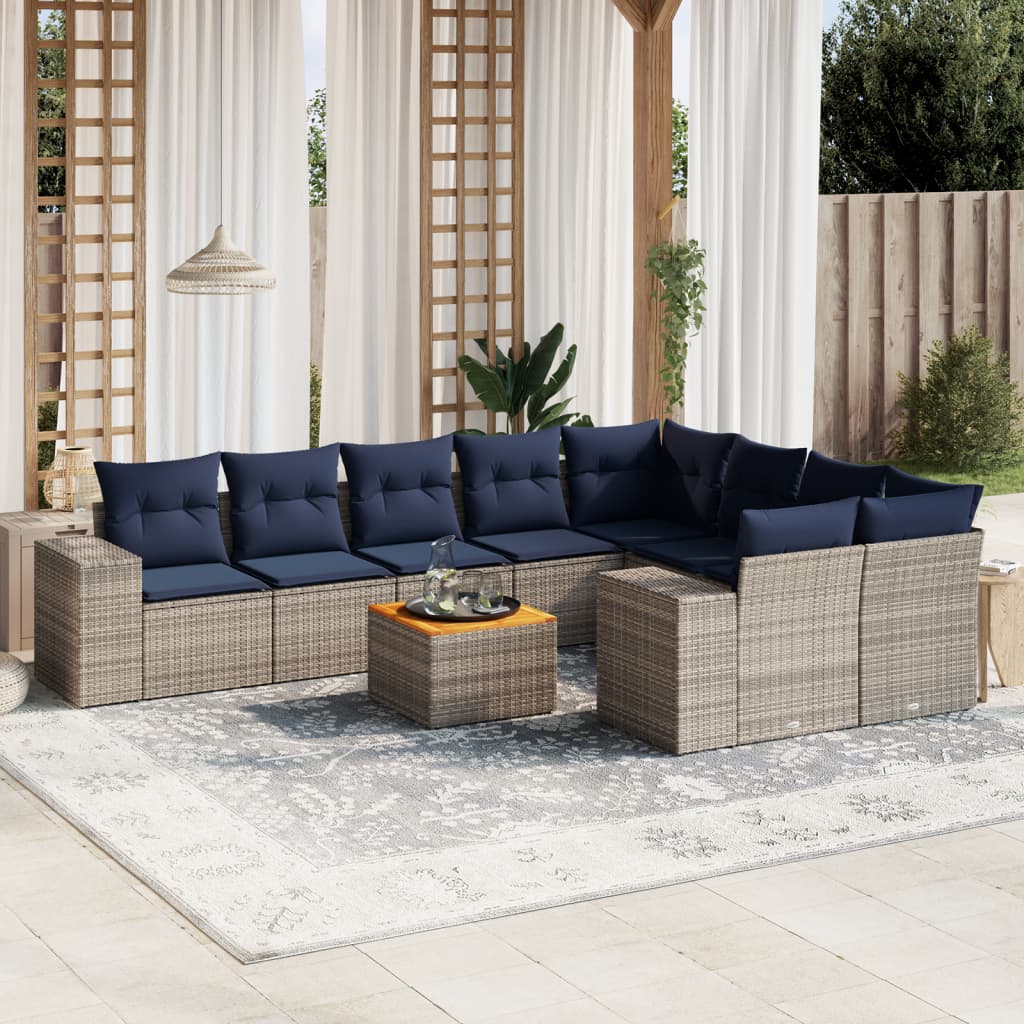 10-teiliges Gartensofa-Set mit Kissen, grau, Polyrattan