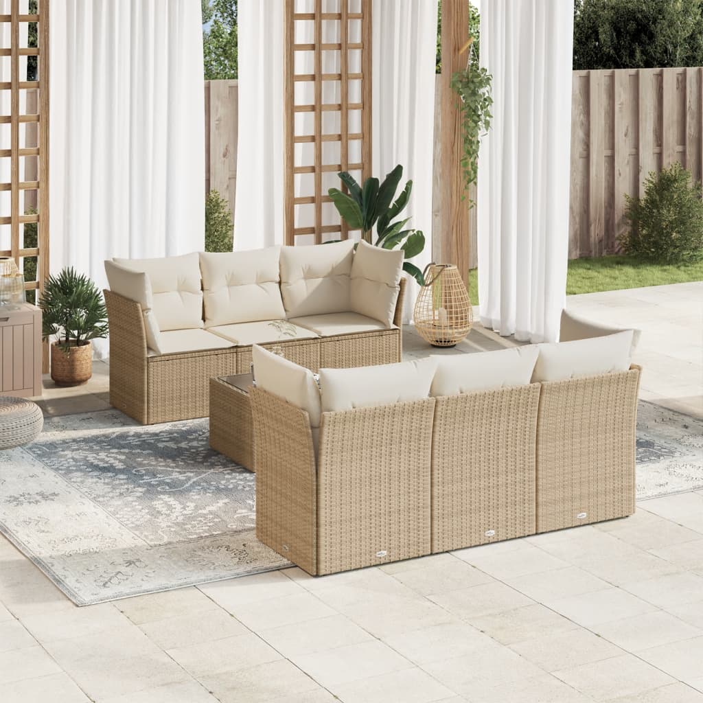7-tlg. Garten-Sofagarnitur mit Kissen Beige Poly Rattan
