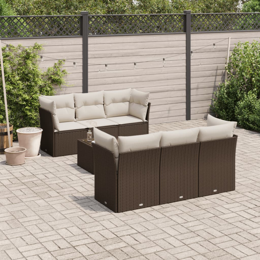 7-tlg. Garten-Sofagarnitur mit Kissen Braun Poly Rattan