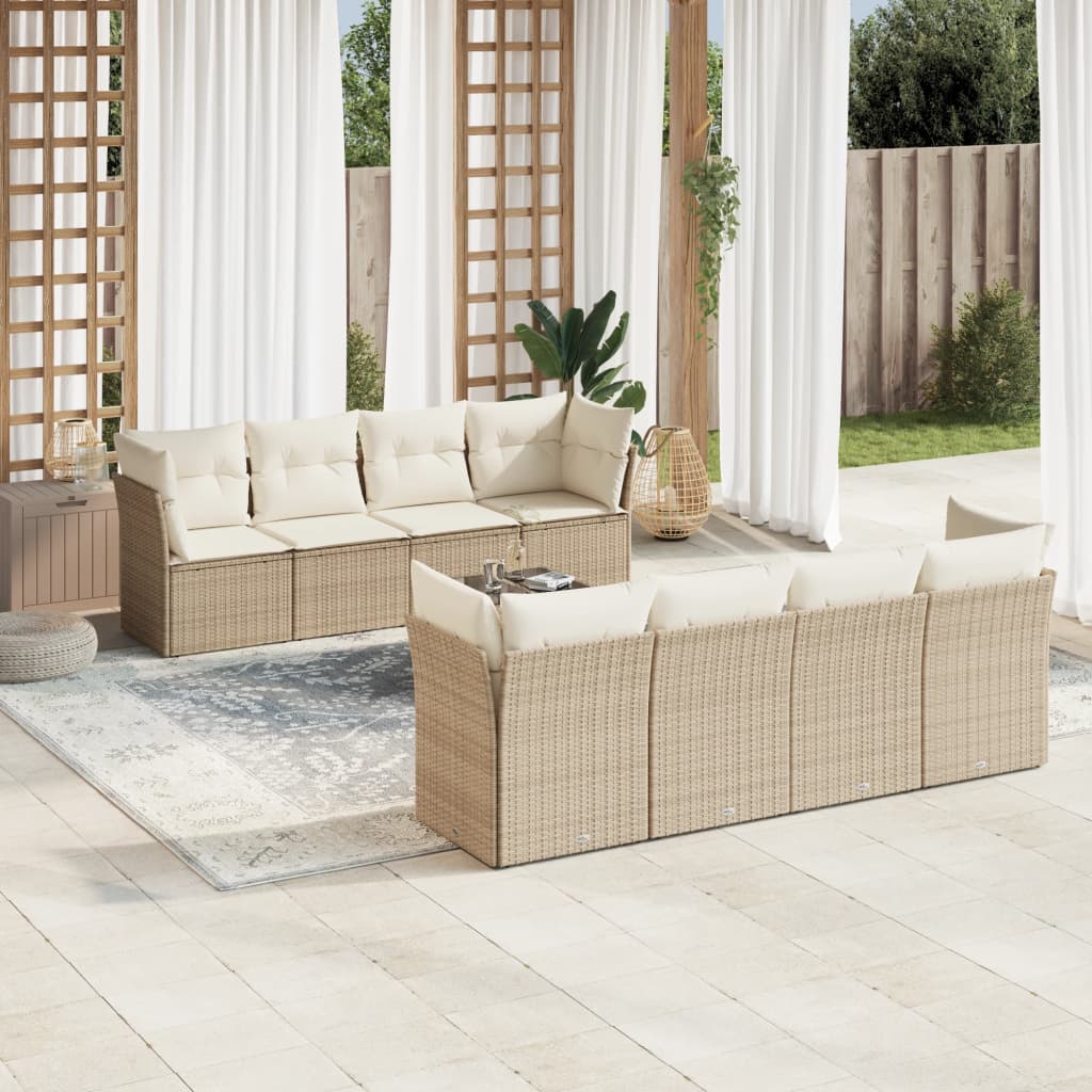 9-tlg. Garten-Sofagarnitur mit Kissen Beige Poly Rattan