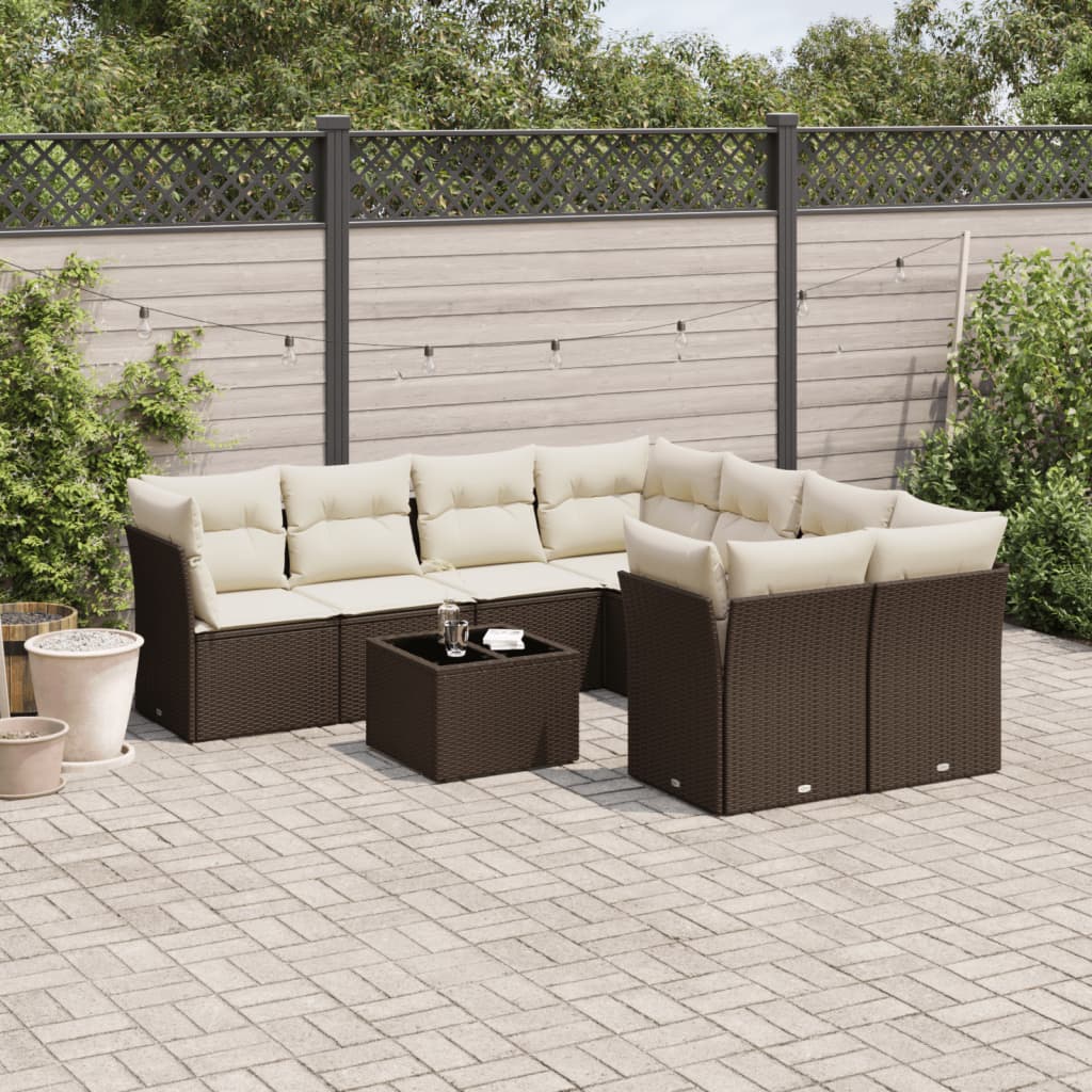 9-tlg. Garten-Sofagarnitur mit Kissen Braun Poly Rattan