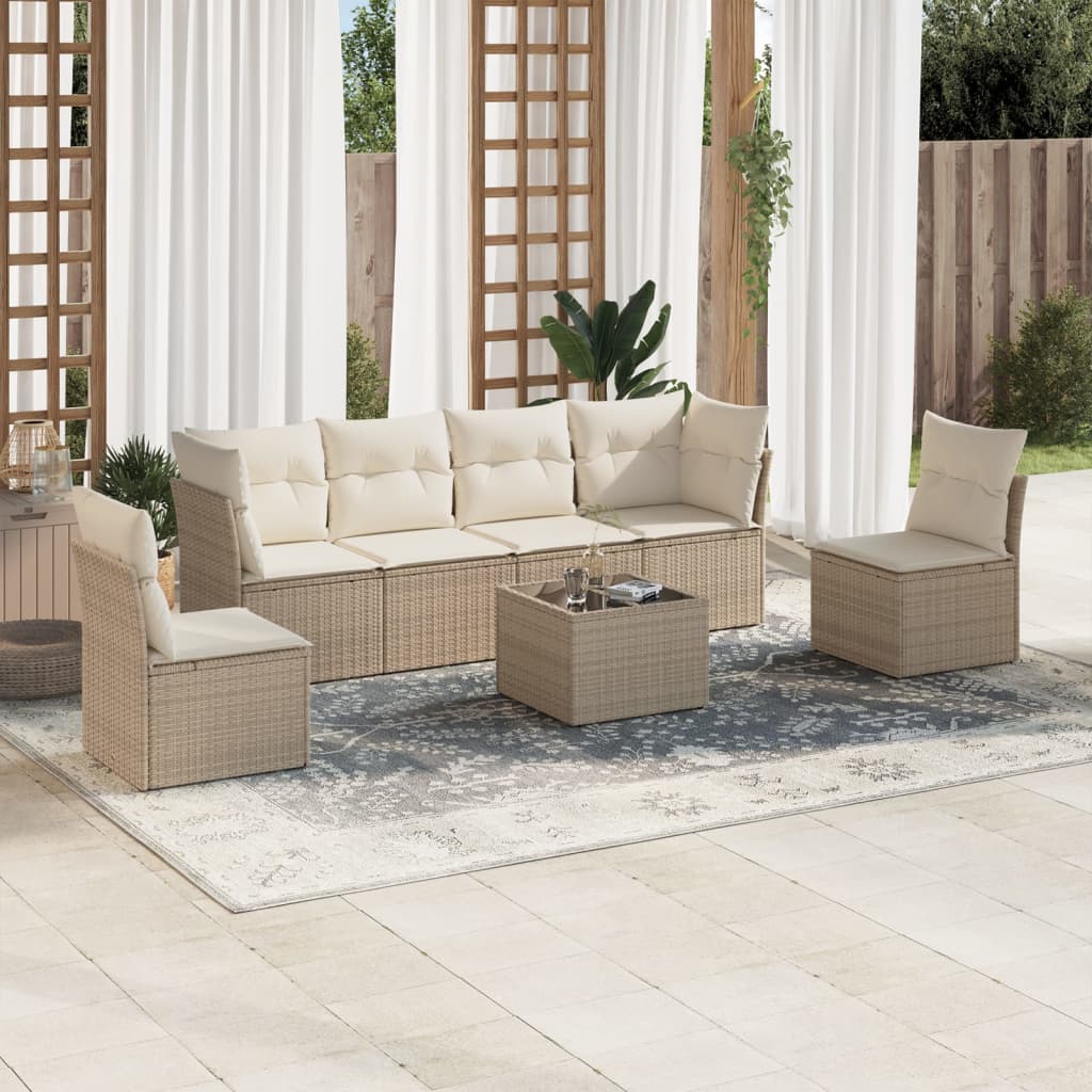 7-tlg. Garten-Sofagarnitur mit Kissen Beige Poly Rattan