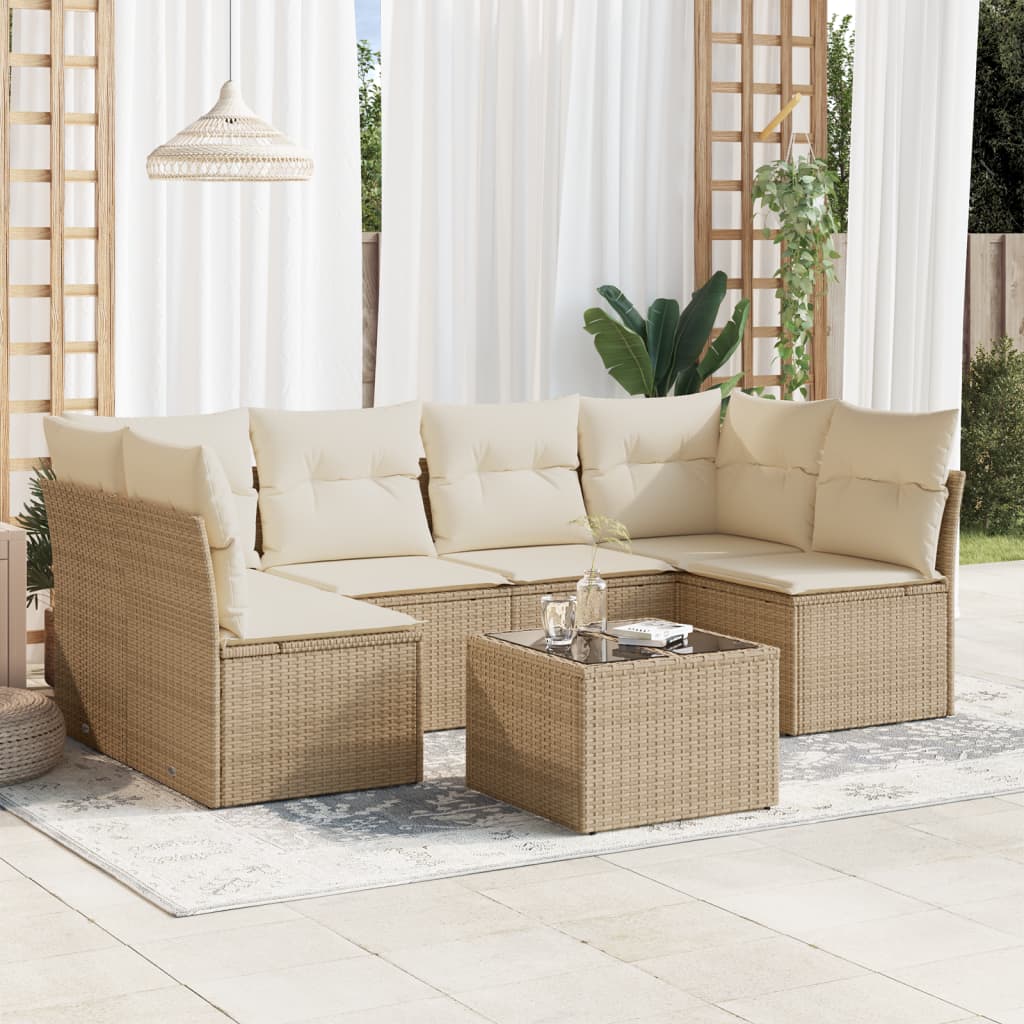 7-tlg. Garten-Sofagarnitur mit Kissen Beige Poly Rattan