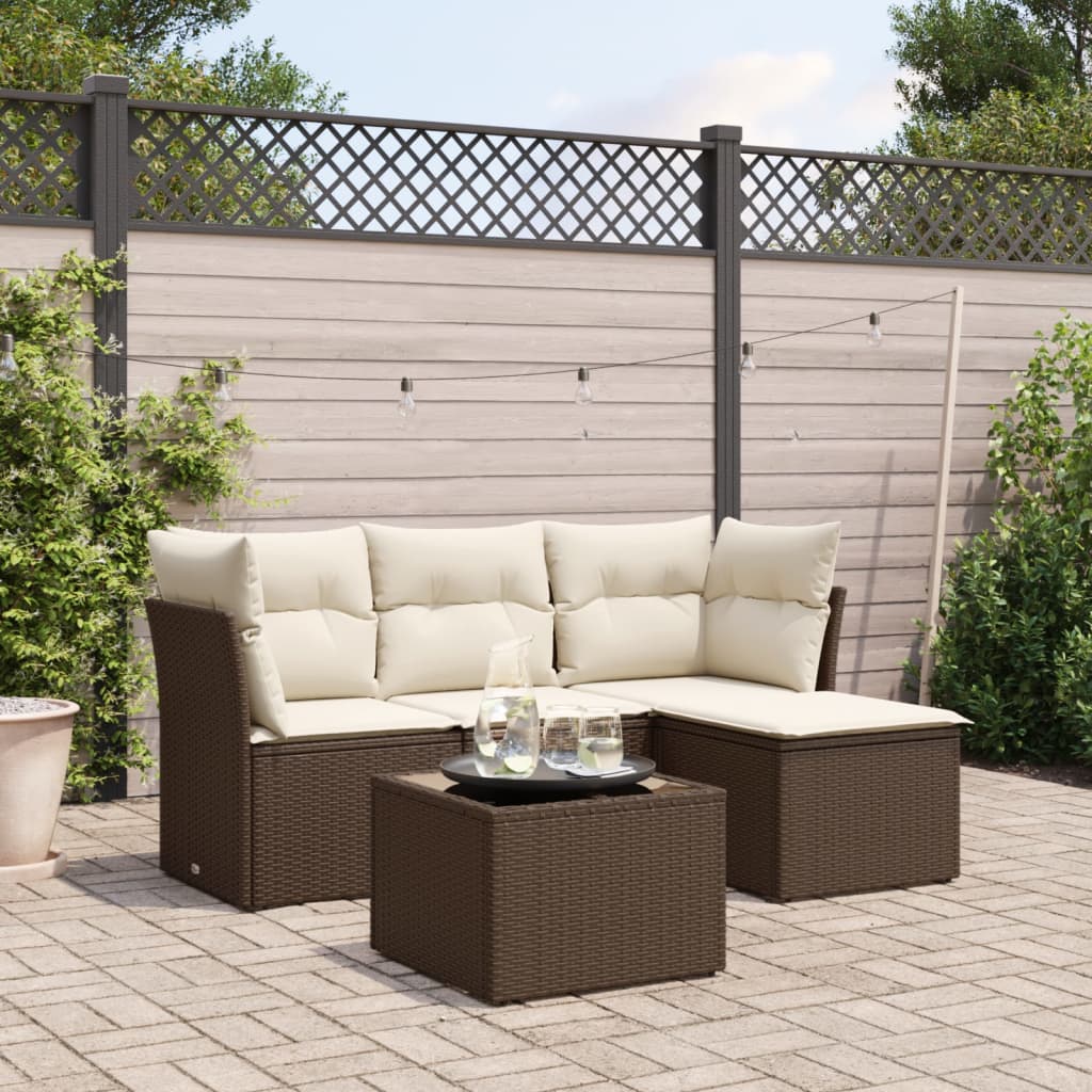 5-tlg. Garten-Sofagarnitur mit Kissen Braun Poly Rattan