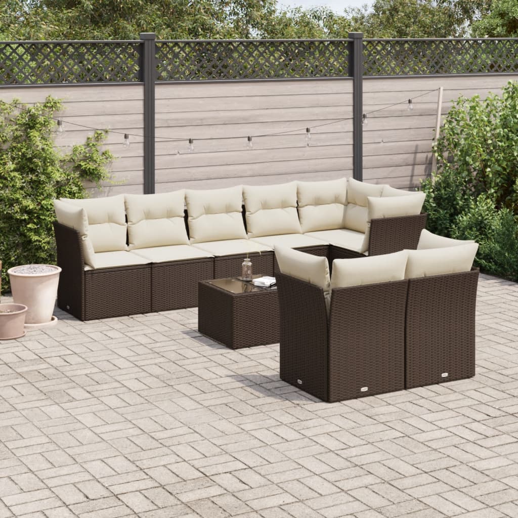 9-tlg. Garten-Sofagarnitur mit Kissen Braun Poly Rattan