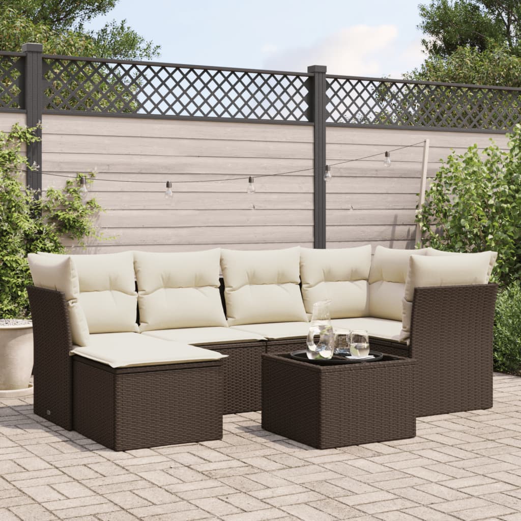 7-tlg. Garten-Sofagarnitur mit Kissen Braun Poly Rattan