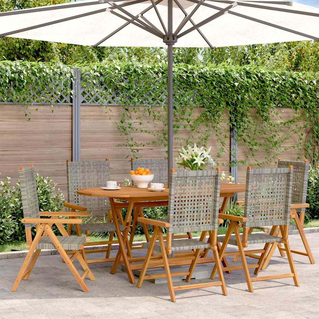 6-teiliges Set aus verstellbaren Klappstühlen, graues Polyrattan und Massivholz