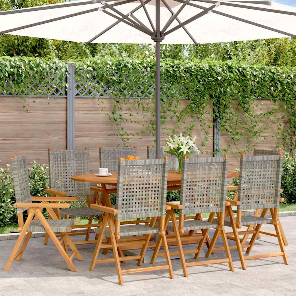 8-teiliges Set aus verstellbaren Klappstühlen, graues Polyrattan und Massivholz