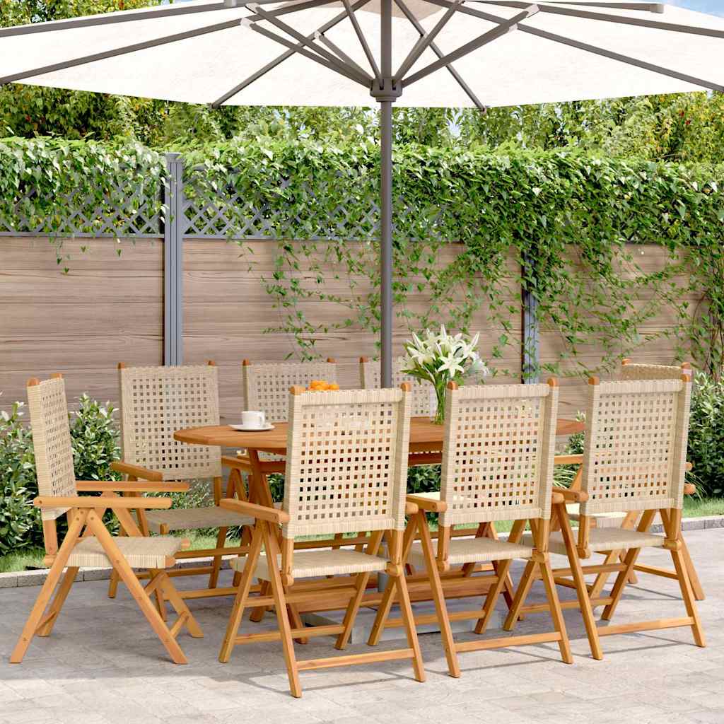 8-teiliges Set aus verstellbaren Klappstühlen, beige, aus Polyrattan und Massivholz