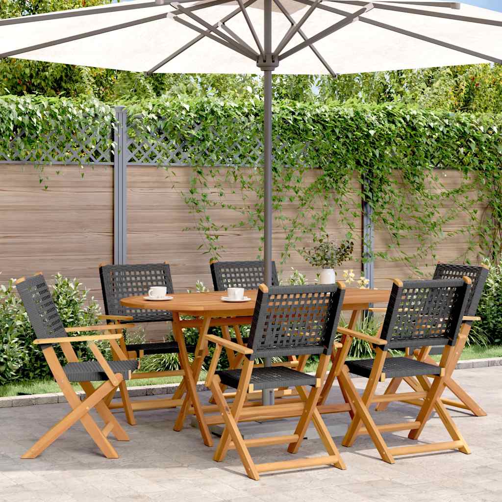 Klappstühle, 6 Stück, schwarz, aus Polyrattan und Massivholz