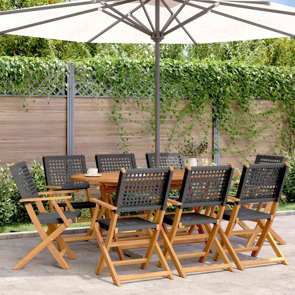 Klappstühle, 8 Stück, schwarz, aus Polyrattan und Massivholz
