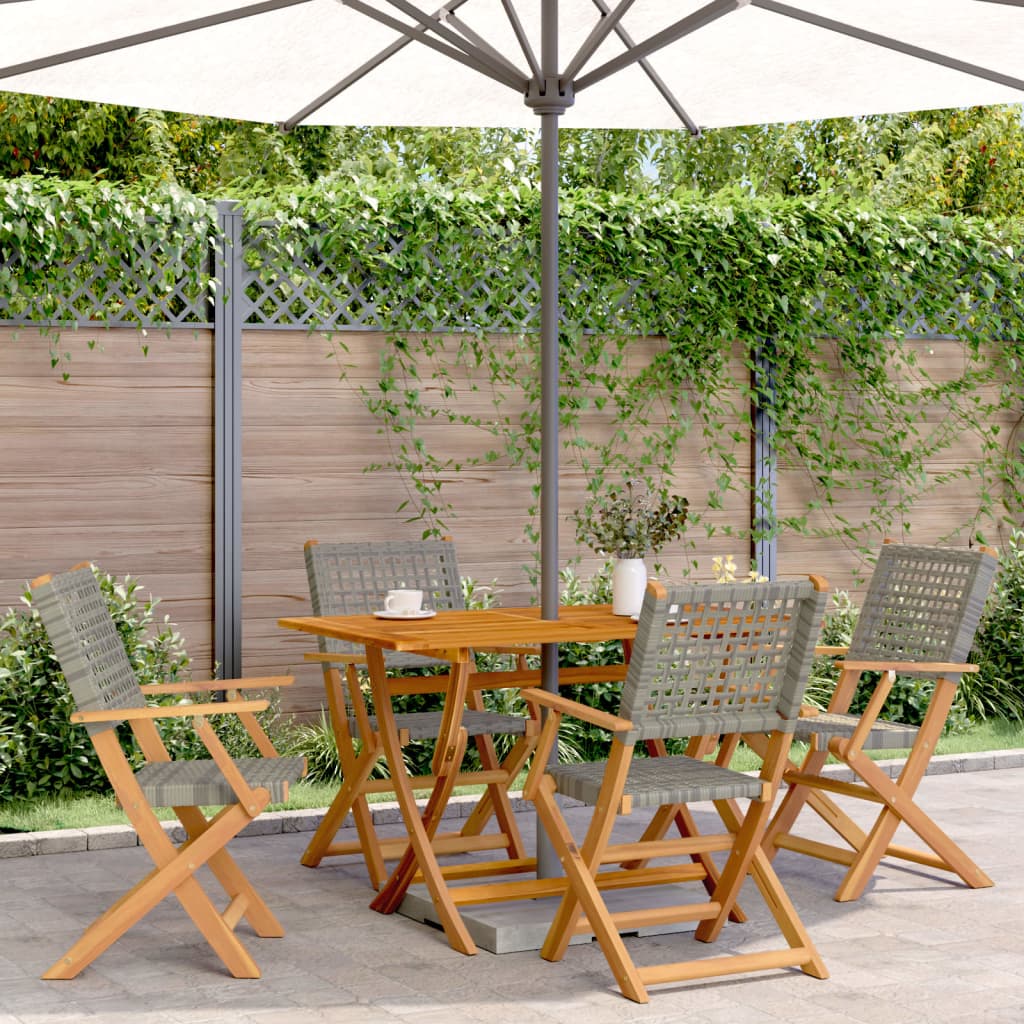 Klappstühle, 4 Stück, graues Polyrattan und Massivholz