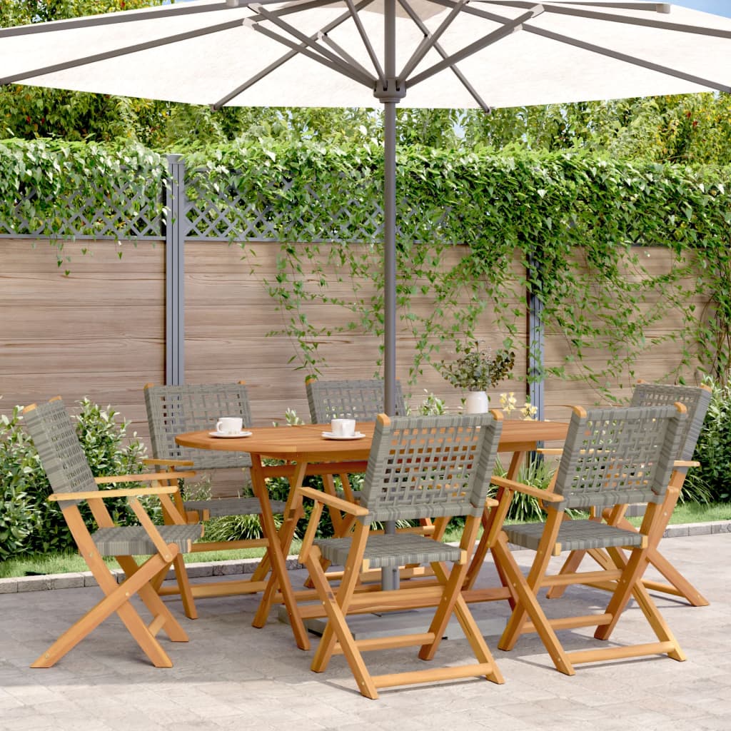 Klappstühle, 6 Stück, graues Polyrattan und Massivholz