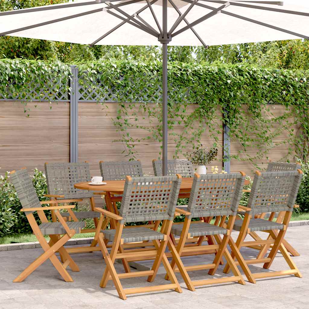 Klappstühle, 8-teilig, graues Polyrattan und Massivholz
