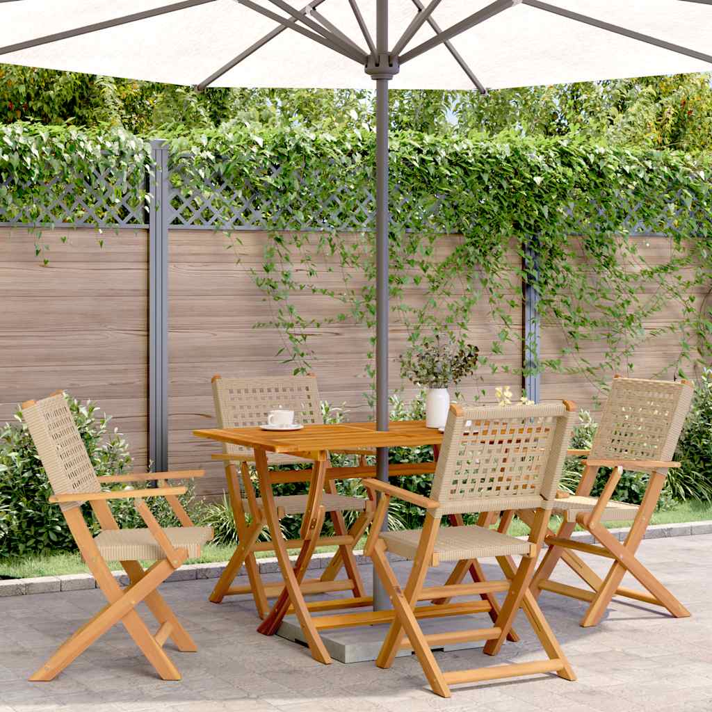 Klappstühle, 4 Stück, beige, Polyrattan und Massivholz