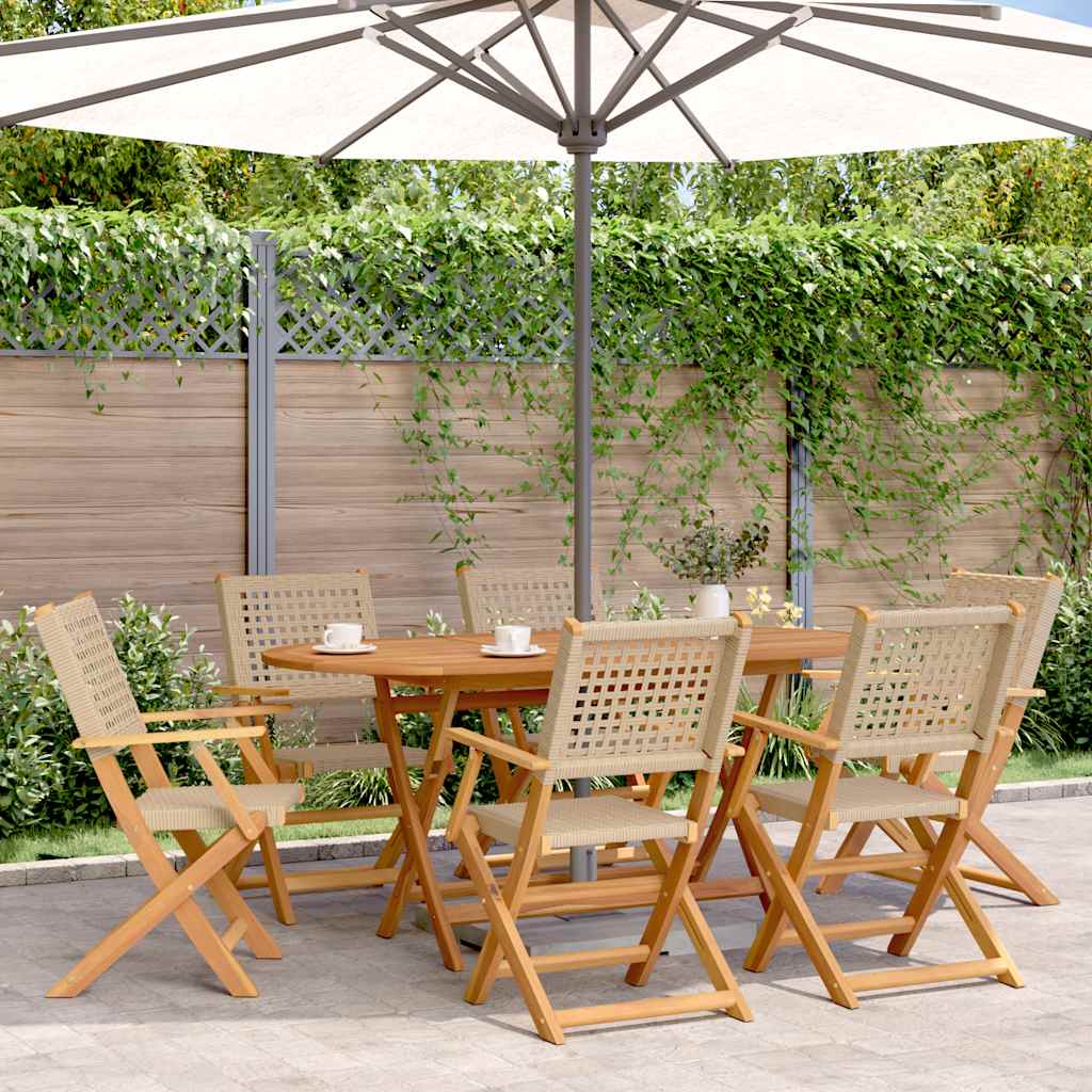 Klappstühle, 6 Stück, beige, Polyrattan und Massivholz