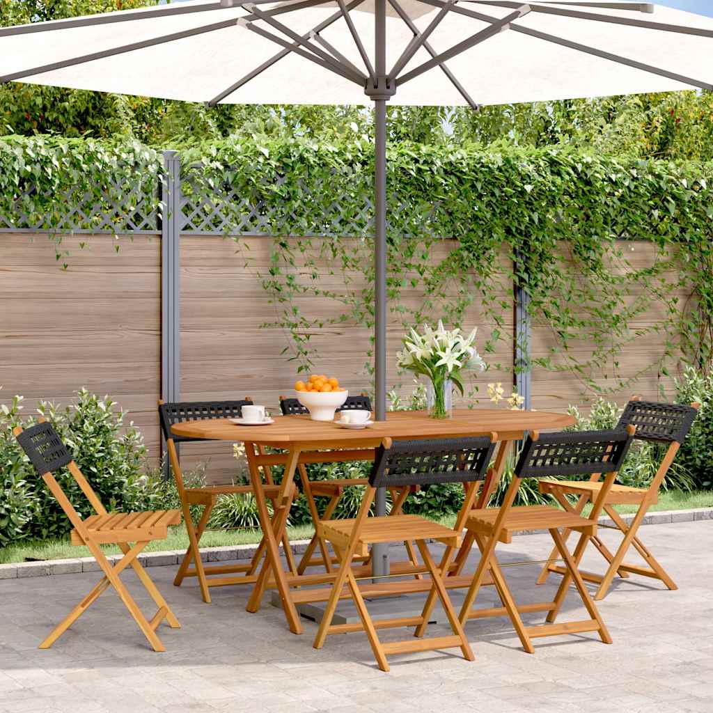 Klappstühle, 6 Stück, schwarz, aus Polyrattan und Massivholz