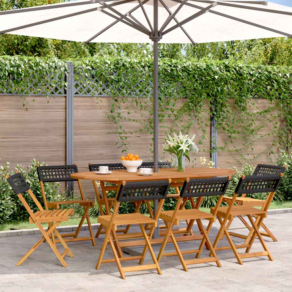 Klappstühle, 8 Stück, schwarz, aus Polyrattan und Massivholz