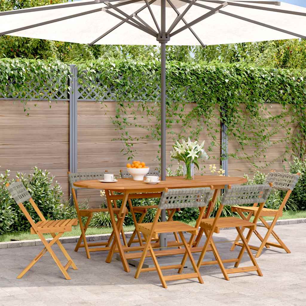 Klappstühle, 6 Stück, graues Polyrattan und Massivholz