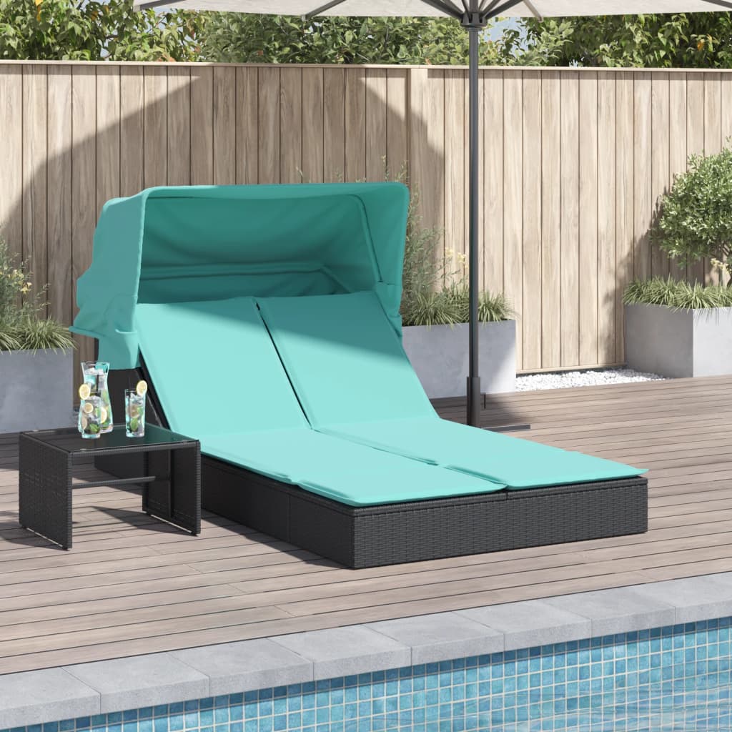 Doppelte Sonnenliege mit Baldachin und Kissen, schwarzes Polyrattan