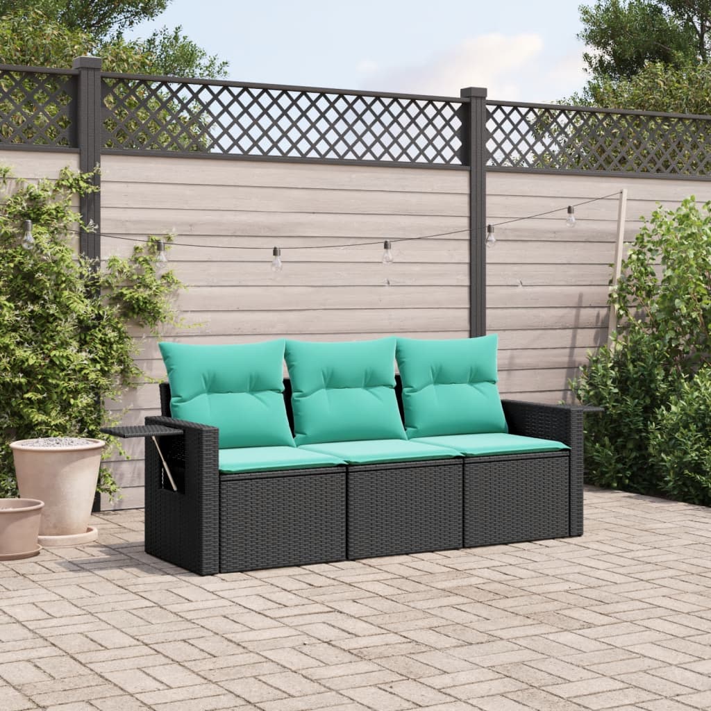 3-teiliges Gartensofa-Set mit Kissen, schwarzes Polyrattan