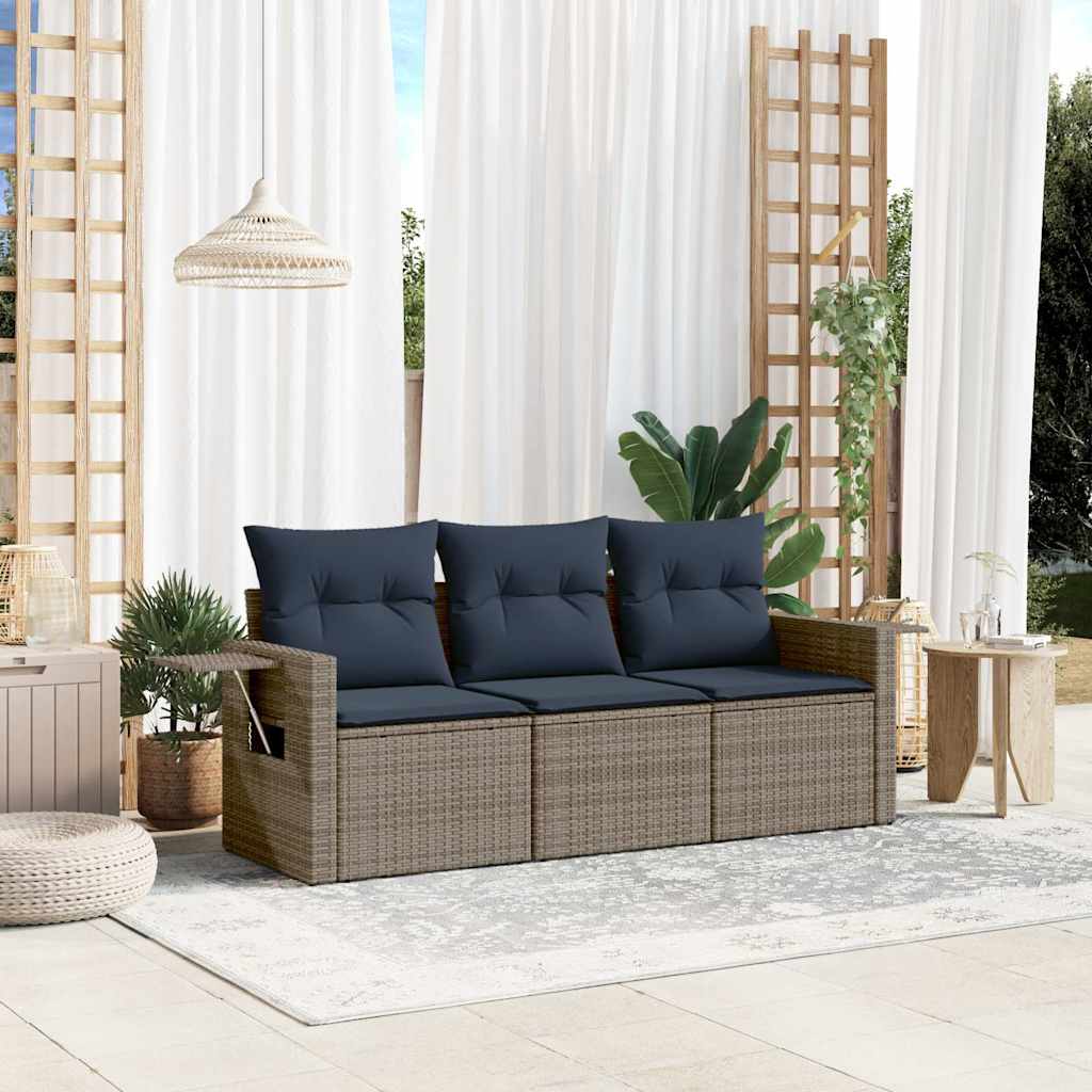3-teiliges Gartensofa-Set mit Kissen, grau, Polyrattan