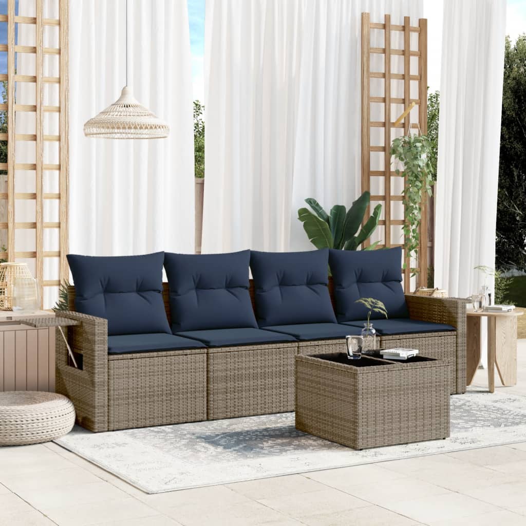 5-teiliges Gartensofa-Set mit Kissen, grau, Polyrattan