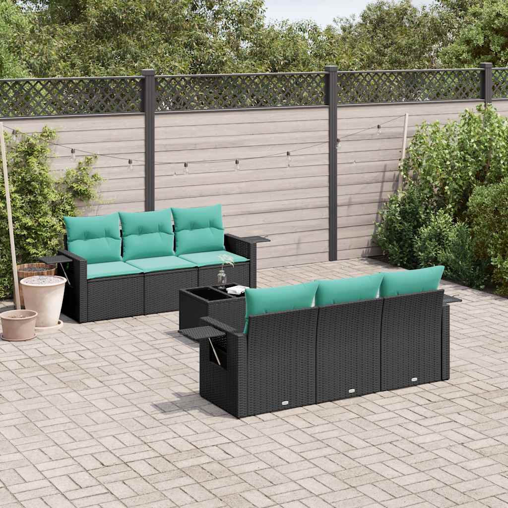 7-teiliges Gartensofa-Set mit Kissen, schwarzes Polyrattan