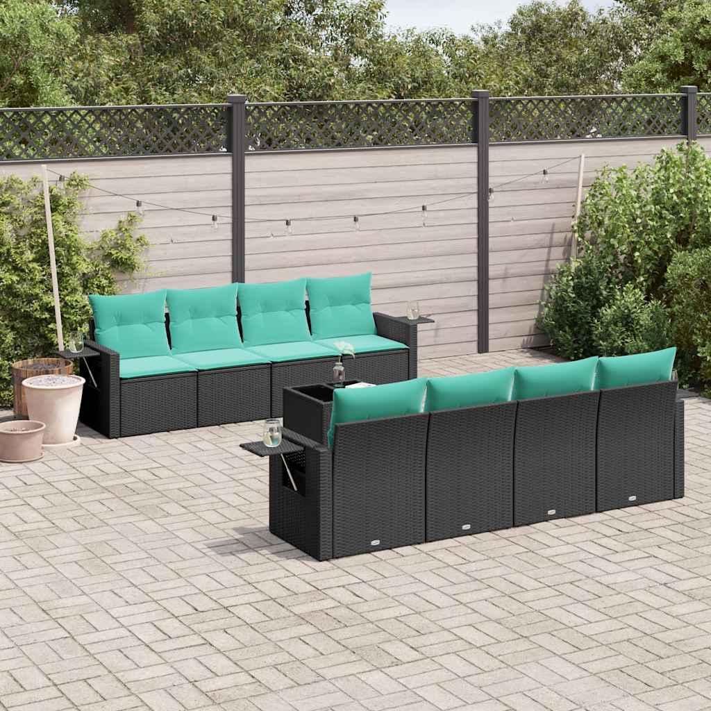 9-teiliges Gartensofa-Set mit Kissen, schwarzes Polyrattan