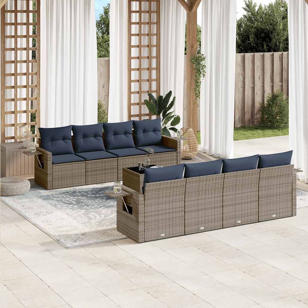 9-teiliges Gartensofa-Set mit Kissen, grau, Polyrattan