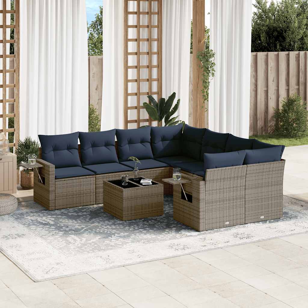 9-teiliges Gartensofa-Set mit Kissen, grau, Polyrattan