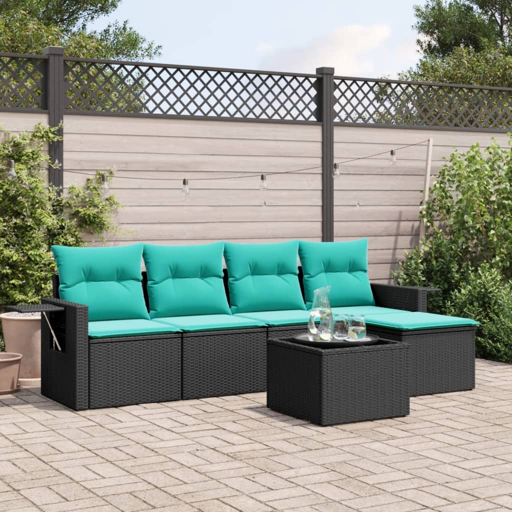 6-teiliges Gartensofa-Set mit Kissen, schwarzes Polyrattan