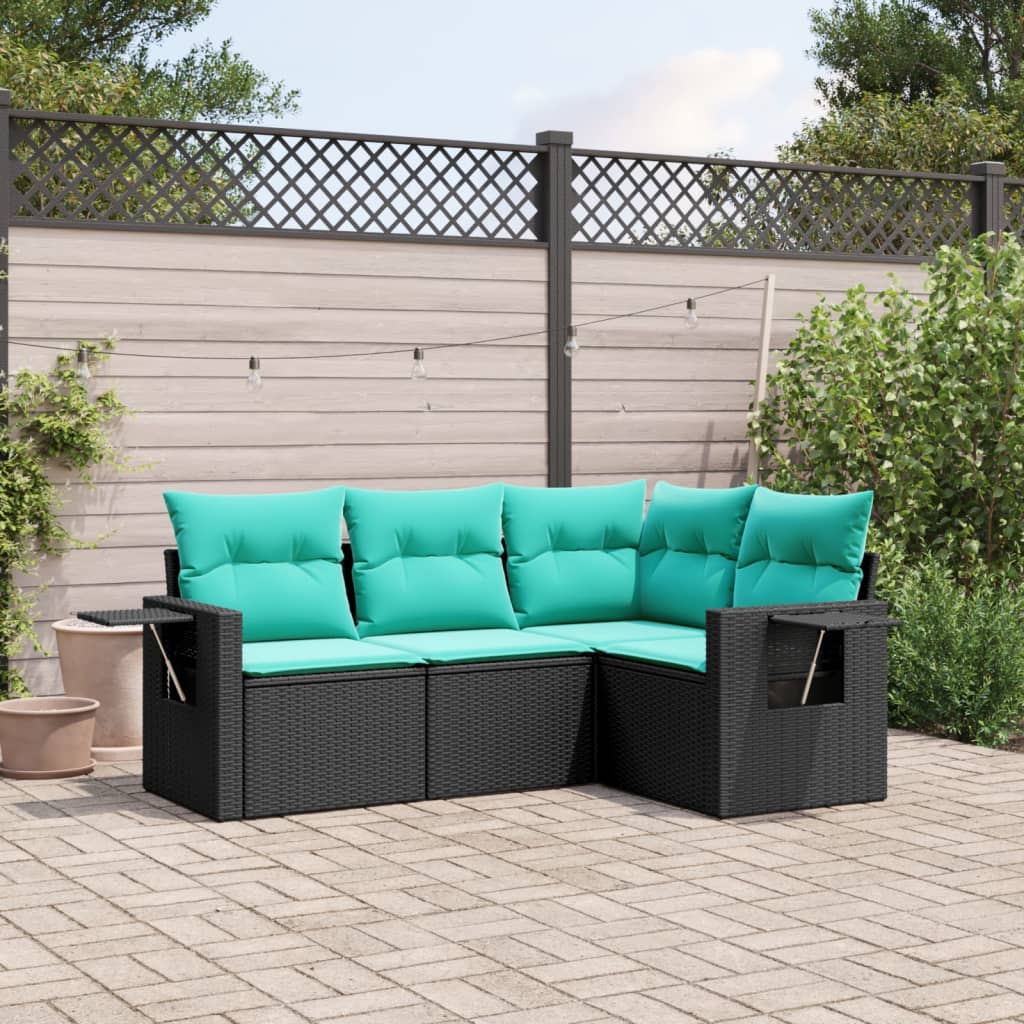 4-teiliges Gartensofa-Set mit Kissen, schwarzes Polyrattan