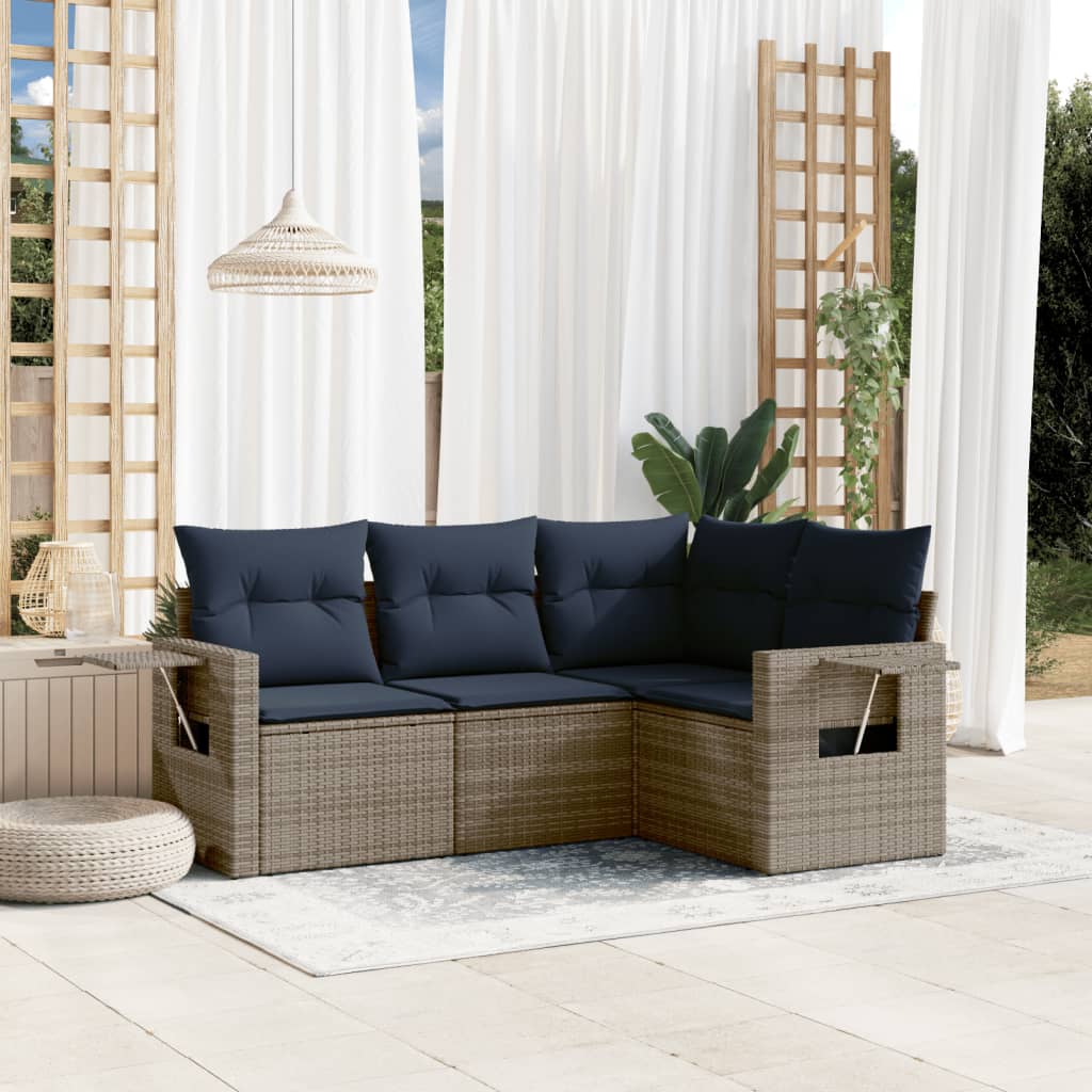 4-teiliges Gartensofa-Set mit Kissen, grau, Polyrattan