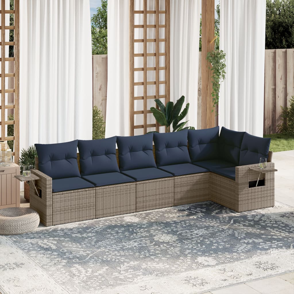 6-teiliges Gartensofa-Set mit Kissen, grau, Polyrattan